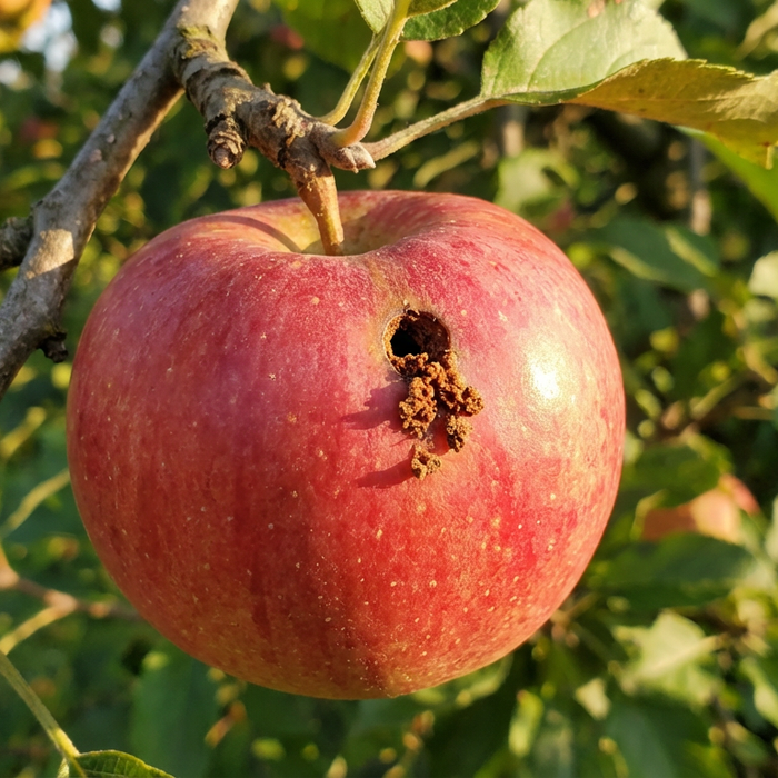 Roter Apfel am Baum mit typischem Bohrloch und Kotkrümeln des Apfelwicklers