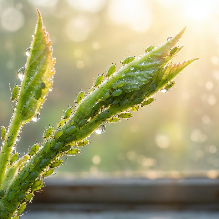 Plötzlicher Blattlausbefall an einem frischen grünen Pflanzentrieb im Gegenlicht