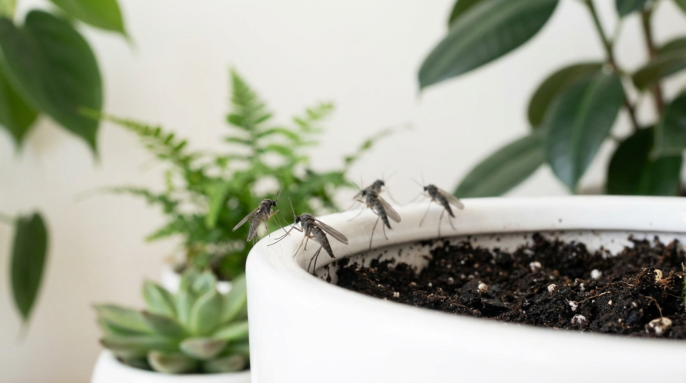 Komary grzybowe zasiewają ziemię doniczkową