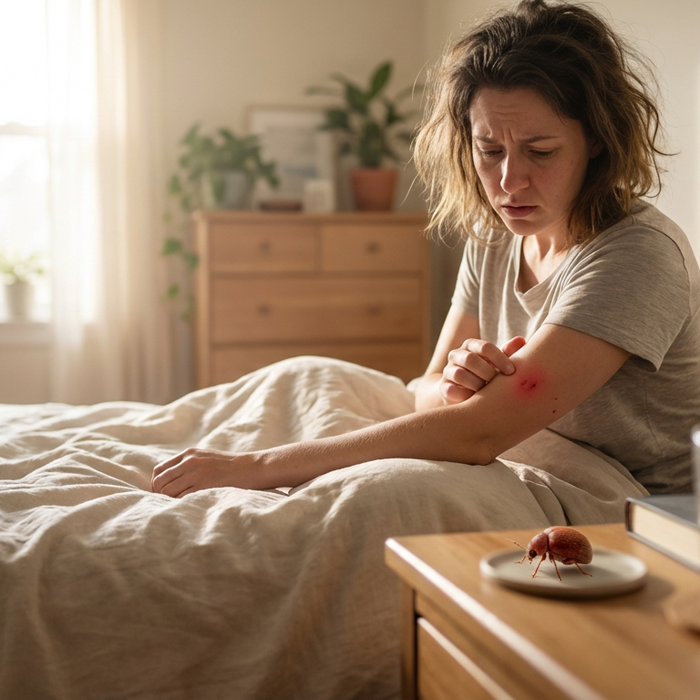Person im Bett betrachtet juckenden Hautausschlag, während ein Kugelkäfer im Vordergrund sitzt