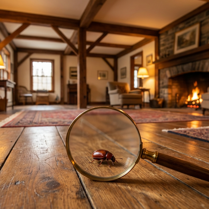Ein glänzender rötlich-brauner Kugelkäfer sitzt auf dem Holzboden eines frisch sanierten Altbaus.