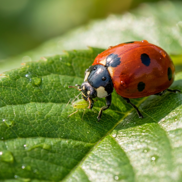 Ein roter Marienkäfer frisst eine grüne Blattlaus auf einem Blatt