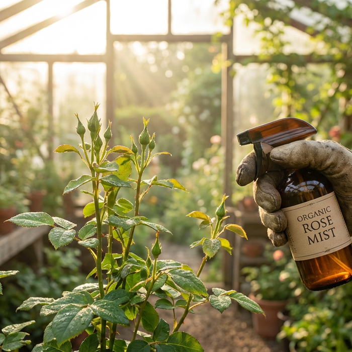 Olejek neem w brązowej butelce ze sprayem jako naturalny i organiczny środek na mszyce w ogrodzie