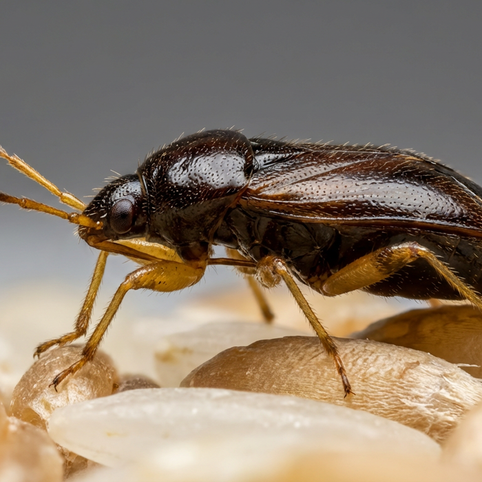 Zbliżenie pirata obozowego (Xylocoris flavipes) na ziarnach zbóż - owada przydatnego do zwalczania szkodników.