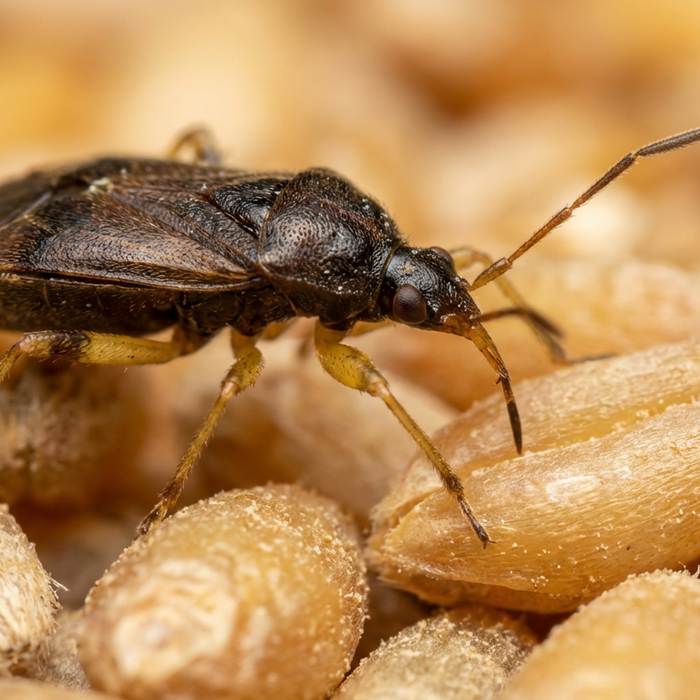 Obozowy pirat Xylocoris flavipes na ziarnach zbóż