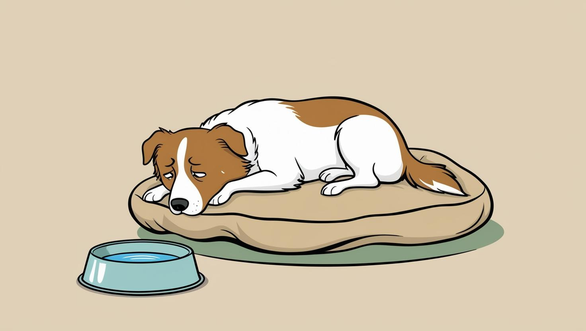 Illustration eines traurigen, kranken Hundes mit braun-weißem Fell, der auf einem Hundebett liegt und erschöpft aussieht. Vor ihm steht ein voller Wassernapf, aber er scheint zu schwach oder unmotiviert zu sein, um zu trinken.