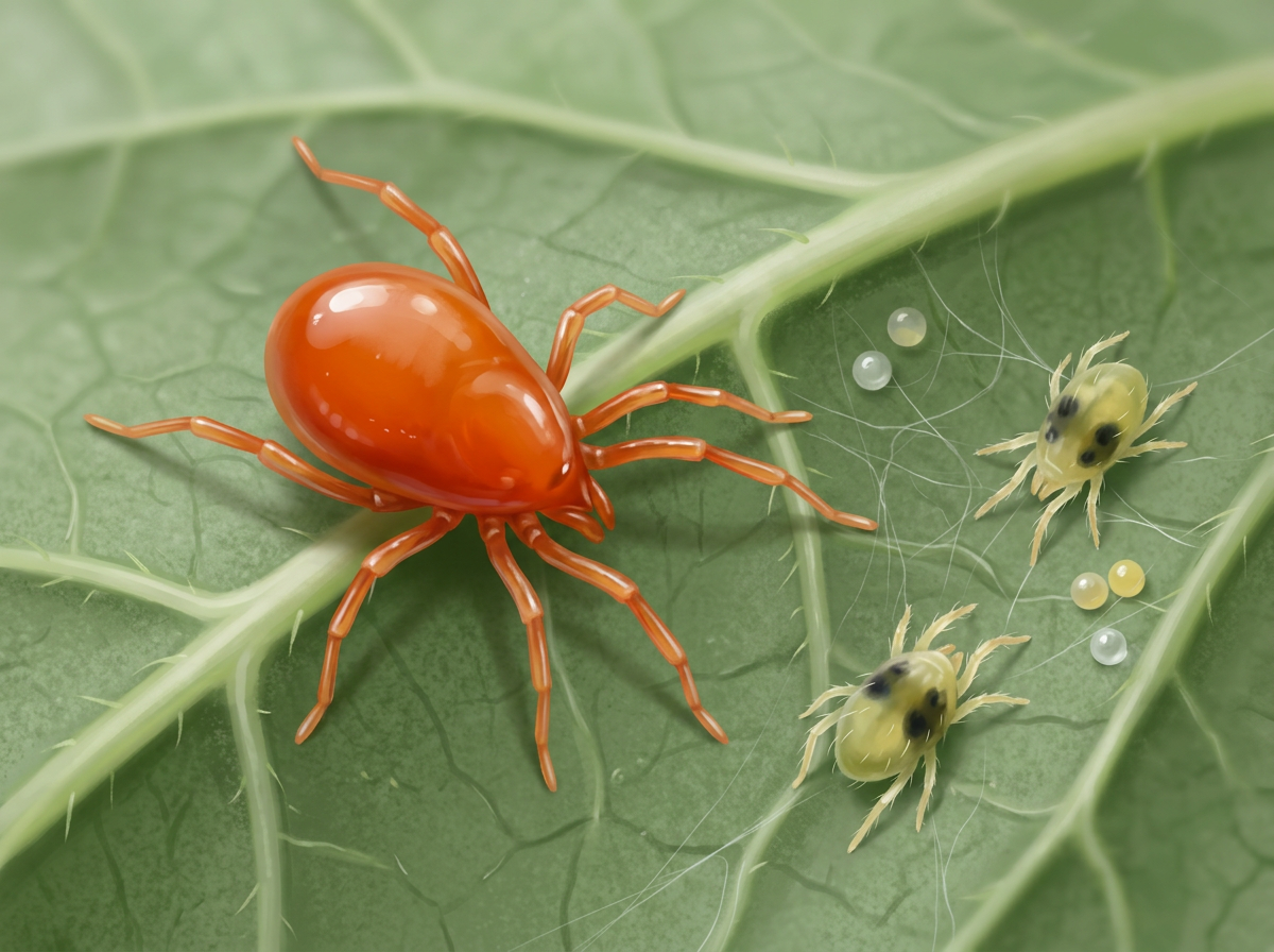 Orangerote Raubmilbe Phytoseiulus persimilis jagt Spinnmilben auf einer Blattunterseite