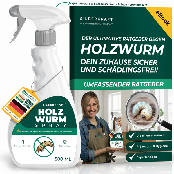 Silberkraft Holzwurmspray 1000 ml neben dem eBook-Ratgeber ‚Der ultimative Ratgeber gegen Holzwurm‘ mit Expertin.