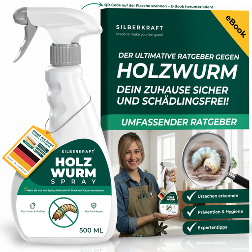 Silberkraft Holzwurmspray 1000 ml neben dem eBook-Ratgeber ‚Der ultimative Ratgeber gegen Holzwurm‘ mit Expertin.
