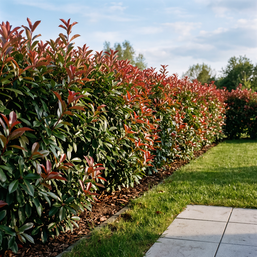 Glanzmispel 'Carré Rouge' als kompakte, etwa 1,5 m hohe Hecke mit leuchtend rotem Austrieb im Frühling – KI-generierte Beispielabbildung