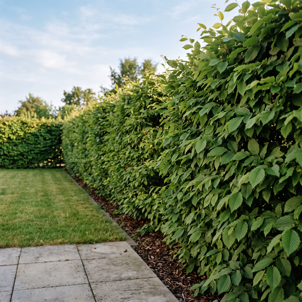 Hainbuche als dichte, etwa 1,8 m hohe Laubhecke im Sommer im Garten – KI-generierte Beispielabbildung