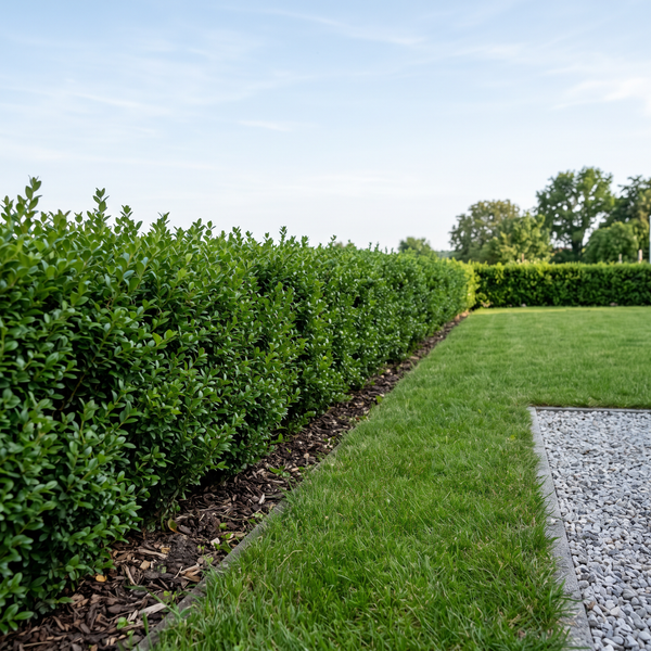 Japanische Stechpalme 'Green Hedge' als niedrige, buchsähnliche Hecke von etwa 70 cm Höhe am Weg – KI-generierte Beispielabbildung