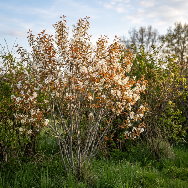 Kupfer-Felsenbirne in weißer Blüte mit kupferrotem Austrieb als mehrstämmiger Strauch im Garten – KI-generierte Beispielabbildung