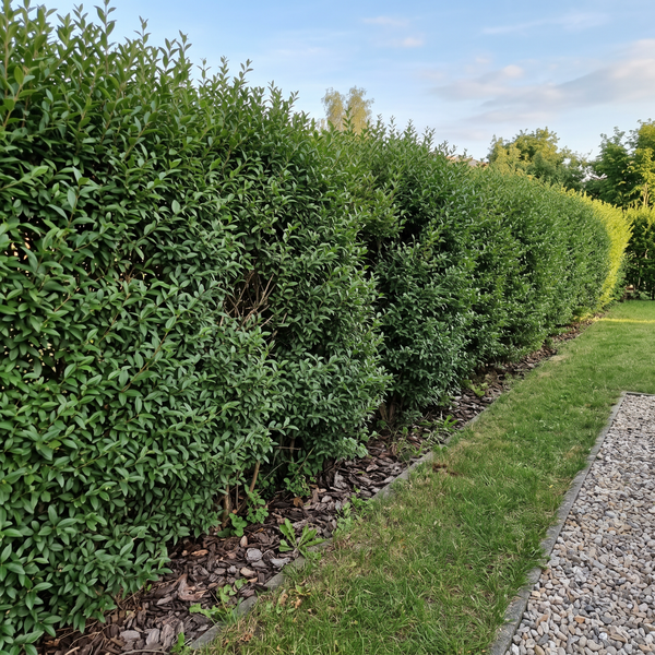 Liguster 'Atrovirens' als dichte, wintergrüne Hecke von etwa 1,6 m Höhe im Garten – KI-generierte Beispielabbildung
