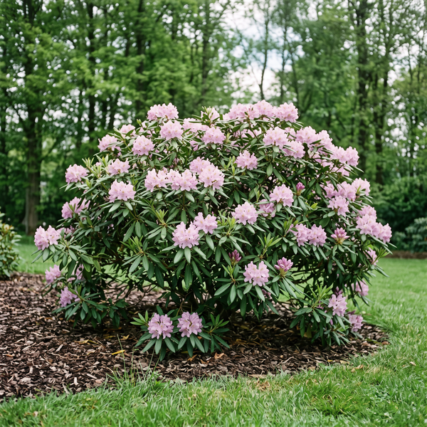 Pontischer Rhododendron 'Roseum' mit zart lilarosa Blüten als großer, blühender Strauch im Gartenbeet – KI-generierte Beispielabbildung