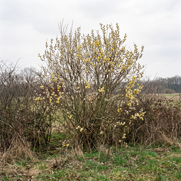 Sal-Weide mit silbrig-gelben Weidenkätzchen als Großstrauch in der Wildhecke im Vorfrühling – KI-generierte Beispielabbildung