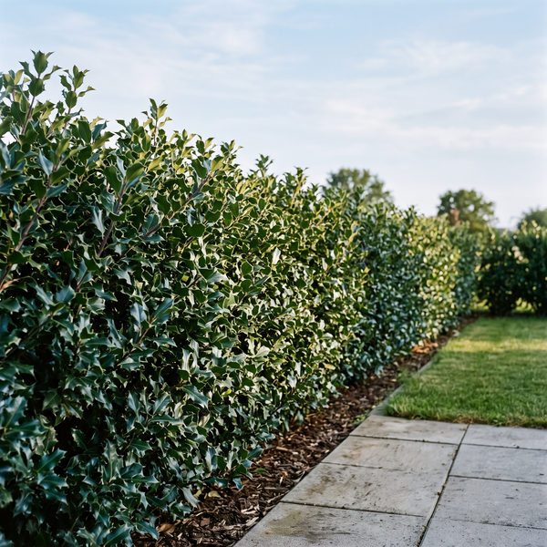 Stechpalme 'Heckenstar' als dichte, immergrüne Ilex-Hecke von etwa 1,6 m Höhe im Garten – KI-generierte Beispielabbildung