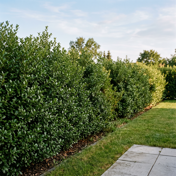 Stechpalme 'Kanehirae' als kleinblättrige, immergrüne Hecke von etwa 1,5 m Höhe im Garten – KI-generierte Beispielabbildung