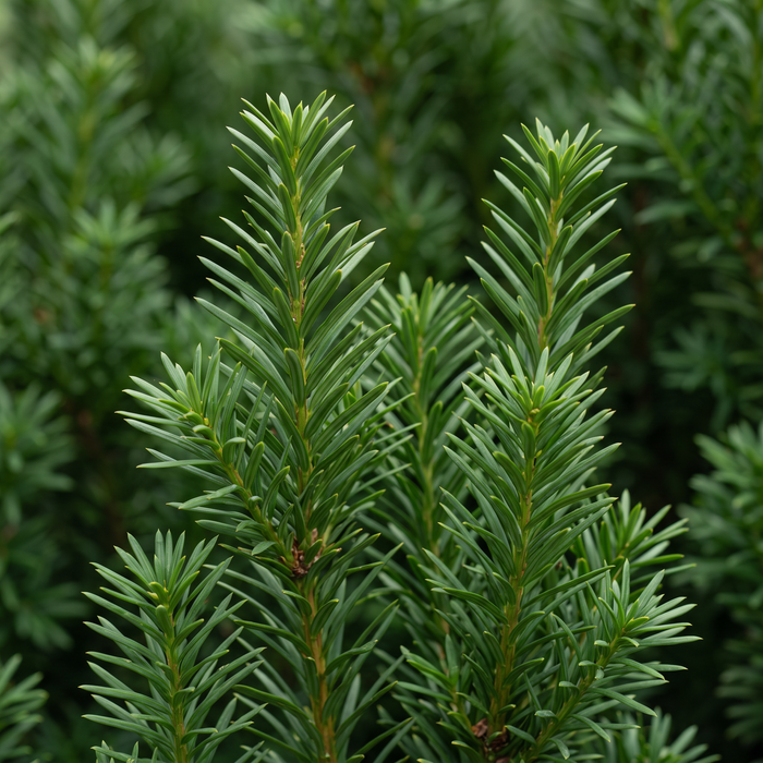 Zbliżenie cis pośredni 'Hicksii' (Taxus × media 'Hicksii'): igły – przykładowa ilustracja wygenerowana przez AI