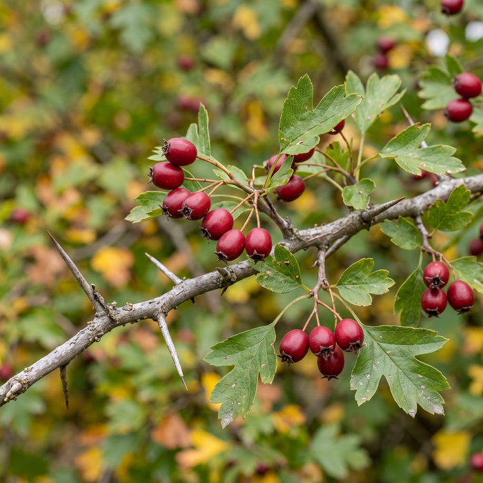 Zbliżenie głogu jednoszyjkowego (Crataegus monogyna): klapowane liście, ciernie i czerwone owoce jesienią – przykładowa ilustracja wygenerowana przez AI