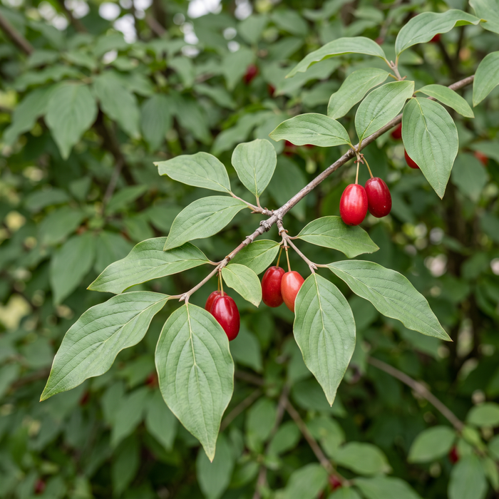Zbliżenie na dereń jadalny (Cornus mas): liście i czerwone owoce derenia późnym latem – przykładowa ilustracja wygenerowana przez AI