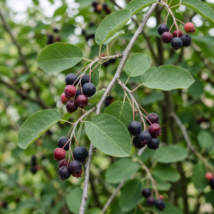 Zbliżenie na świdośliwę Lamarcka (Amelanchier lamarckii): liście i dojrzałe, ciemne owoce wczesnym latem – przykładowa ilustracja wygenerowana przez AI