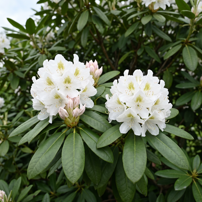 Zbliżenie na różanecznik 'Cunningham's White' (Rhododendron (Caucasicum-Hybride) 'Cunningham's White'): kwiatostan – przykładowa ilustracja wygenerowana przez AI