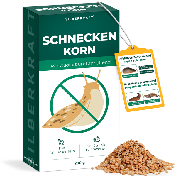 Pellet ślimakowy Silberkraft 200g – skuteczna ochrona przed ślimakami, działa natychmiastowo i utrzymuje się aż do 4 tygodni. Granulat do odstraszania ślimaków w ogrodzie, grządkach i grządkach podwyższonych.