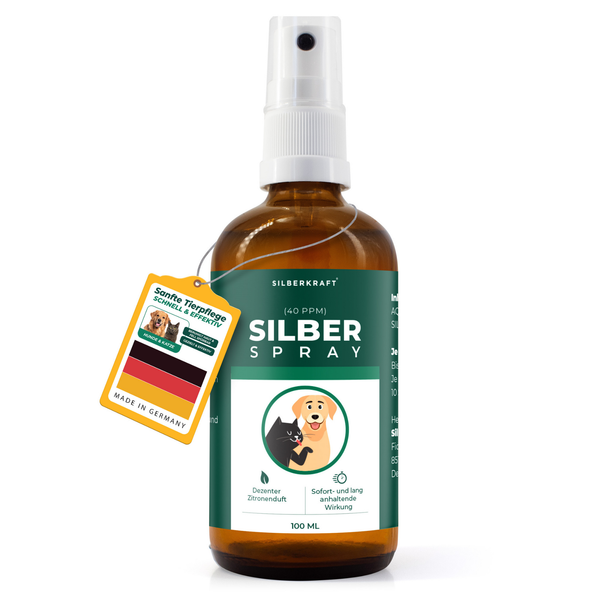 Srebro koloidalne w sprayu 100 ml - spray do gojenia ran - pielęgnacja skóry przy inwazji robactwa, swędzeniu, infekcjach, stanach zapalnych - dla psów, kotów, gryzoni i innych zwierząt domowych - Silberkraft
