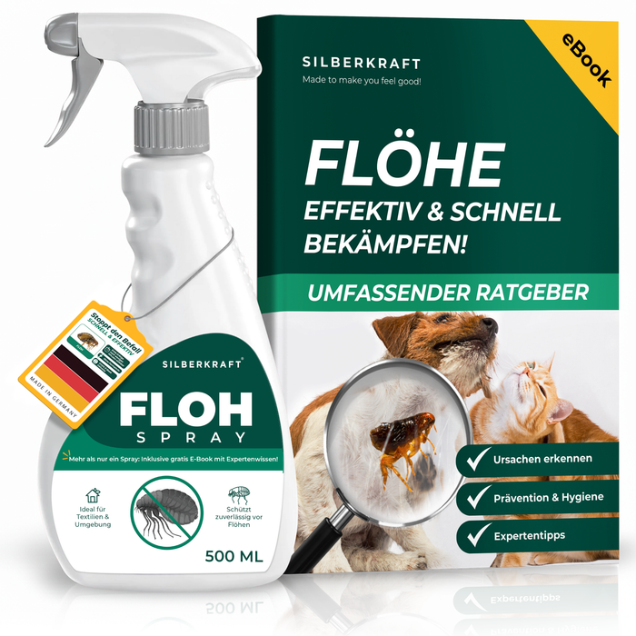 Floh Spray für Haustiere – Produktflasche mit Katze und Hund, Hinweis auf schnelle und effektive Flohbekämpfung