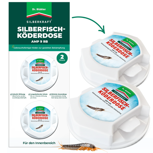 Dr. Stähler Silberkraft Silberfisch-Köderdose AMP 9 RB – gebrauchsfertiger Köder zur gezielten Bekämpfung von Silberfischen, 2 Stück pro Packung, mit schneller und langanhaltender Wirkung