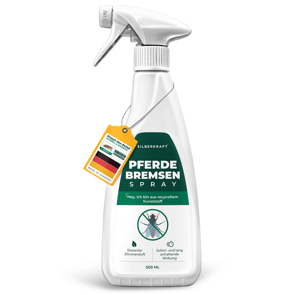 Spray do hamulców Silberkraft w białej butelce ze sprayem z zieloną etykietą z symbolem konia i napisem „spray do hamulców”.