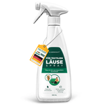 Silberkraft spray na wszy do tekstyliów w butelce ze sprayem 500 ml. Biało-zielona etykieta z napisem „Do tekstyliów w sprayu na wszy” i dopiskiem „Hej, jestem zrobiony z plastiku pochodzącego z recyklingu”. Symbole zapachu cytryny i długotrwałego efektu. Żółta etykieta na przyczepę z niemiecką flagą i tekstem „Wyprodukowano w Niemczech – szybko i skutecznie powstrzymuje inwazję”.