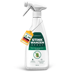 Silberkraft śmierdzący spray na owady w białej butelce ze sprayem z zieloną etykietą i symbolem owada z napisem „śmierdzący spray na owady”.