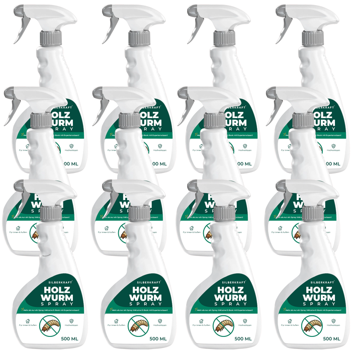 Zwölfer-Pack Silberkraft Holzwurmspray 500 ml – Großpackung für Profis und umfangreichen Holzschutz.