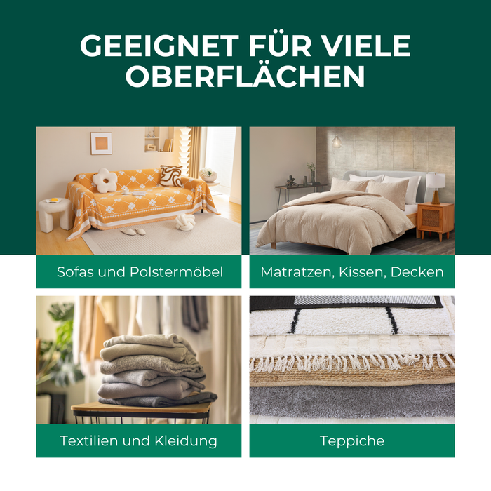 Übersichtliche Anleitung zur Anwendung des Sprays auf verschiedenen Oberflächen wie Teppichen, Polstern, Fußleisten und Kleiderschränken.