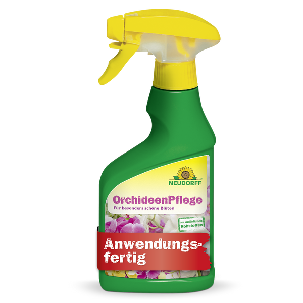 Grüne Sprühflasche von Neudorff Orchideen Pflege mit gelbem Sprühkopf und Etikett auf der Vorderseite