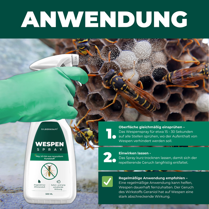 Silberkraft Wespenspray – Anleitung zur Anwendung: Gleichmäßig auf betroffene Flächen sprühen, kurz einwirken lassen, regelmäßige Anwendung empfohlen.