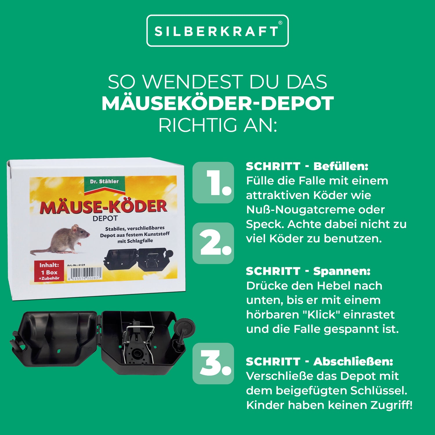 Mäuseköder-Depot mit Schlagfalle für Haus und Garten - Silberkraft