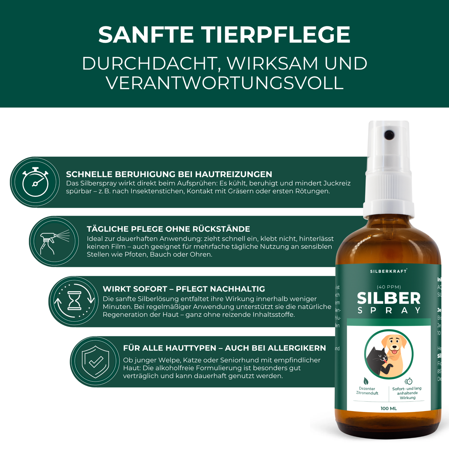 Kolloidales Silberspray 100 ml - Spray zur Wundheilung - Hautpflege bei Ungezieferbefall, Juckreiz, Infektionen, Entzündungen - für Hunde, Katzen, Nagetiere und andere Haustiere - Silberkraft