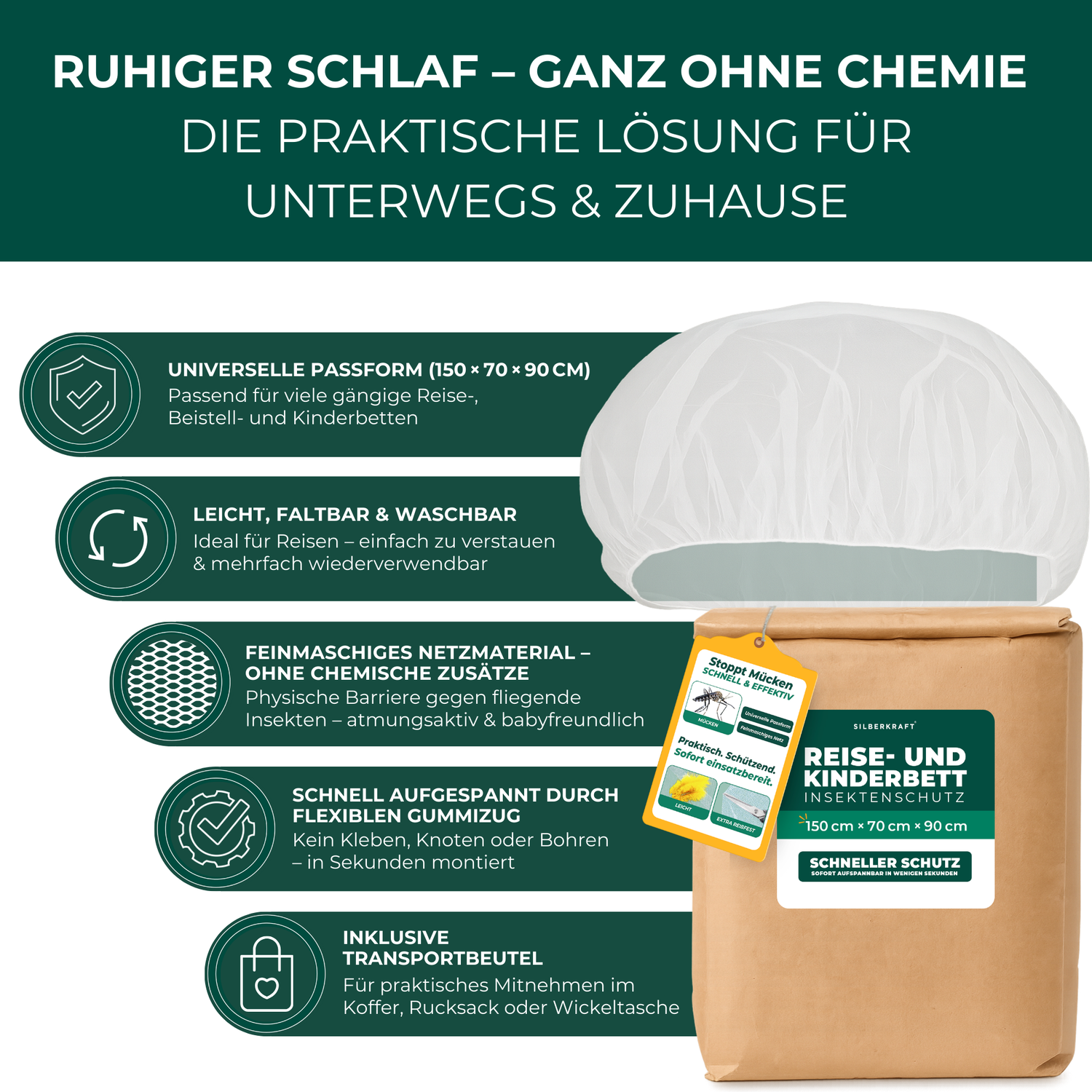 Insektenschutz für Reise- und Kinderbett – Mückennetz 150×70×90 cm – Faltbar & atmungsaktiv – Für Babyreisebett & Beistellbett – Inkl. Transportbeutel - Silberkraft