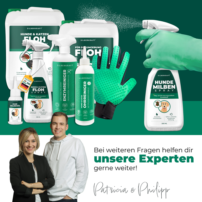 Silberkraft Milbenspray für Hunde – Unsere Experten Patricia & Philipp beraten dich bei Fragen rund um Milbenbekämpfung und Tierhygiene.