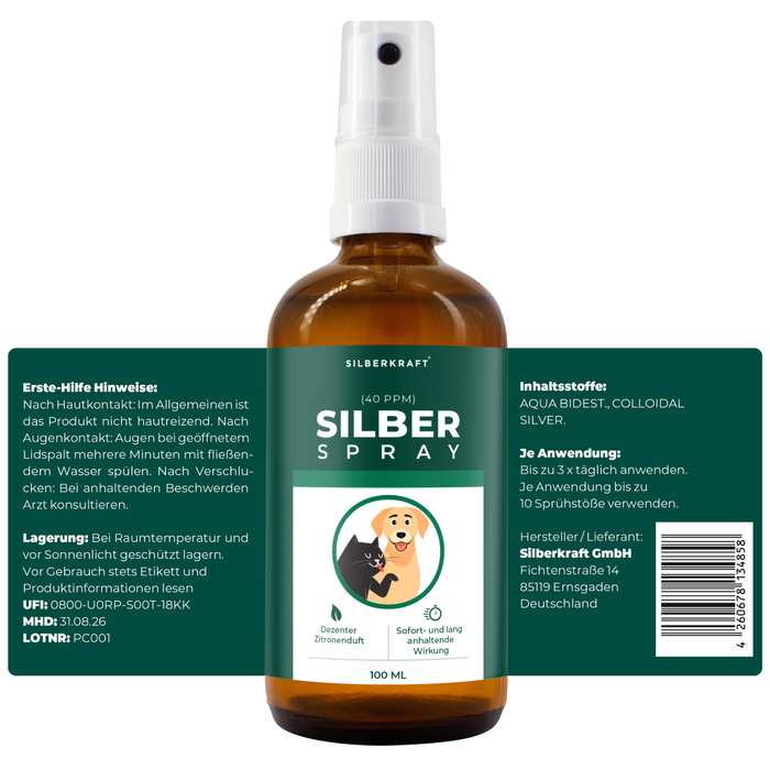 Kolloidales Silberspray 100 ml - Spray zur Wundheilung - Hautpflege bei Ungezieferbefall, Juckreiz, Infektionen, Entzündungen - für Hunde, Katzen, Nagetiere und andere Haustiere - Silberkraft