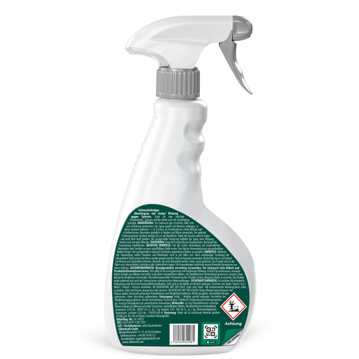 Rückseite der Sprayflasche – Inhaltsstoffe, Anwendungshinweise und Sicherheitshinweise