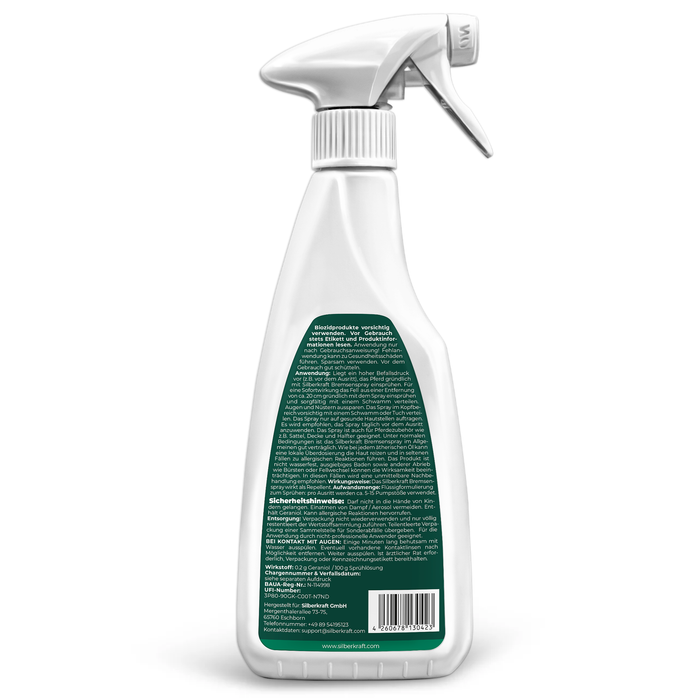 Rückseite der Silberkraft Bremsenspray-Flasche mit detaillierten Anweisungen zur Anwendung und Inhaltsstoffen.