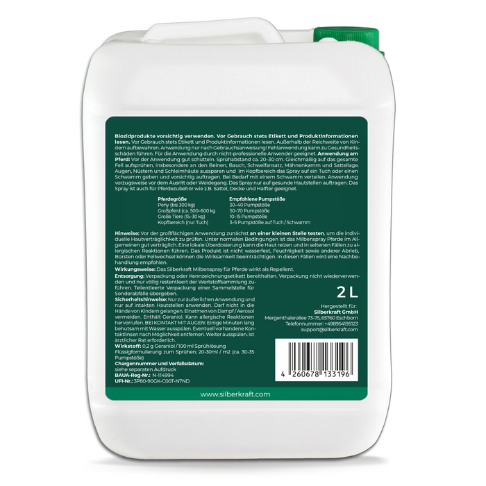 Rückseite des zwei Liter Kanisters mit allen wichitgen Informationen. Biozidprodukte vorsichtig verwenden und vor Gebrauch stets Etikett und Produktinformationen lesen.