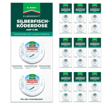 Silberkraft Silberfisch-Köderdose AMP 9 RB von Dr. Stähler – Großansicht der Verpackung mit zahlreichen Detailansichten der weißen Köderdosen mit blauem Label und Silberfisch-Motiv, geruchloser und sprühfreier Köder gegen Silberfische für langanhaltenden Schutz