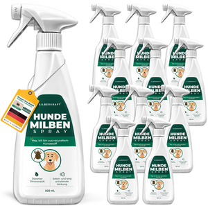 Silberkraft Hunde Milbenspray –12 x  500 ml Sprayflasche zur Milbenabwehr für Hunde, mit Zitronenduft und langanhaltender Wirkung. Hergestellt in Deutschland, Flasche aus recyceltem Kunststoff.