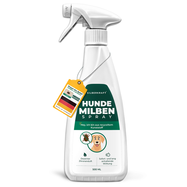 Silberkraft spray na roztocza dla psów - butelka ze sprayem o pojemności 500 ml do odstraszania roztoczy dla psów, o cytrynowym zapachu i długotrwałym działaniu. Wyprodukowano w Niemczech, butelka wykonana z plastiku pochodzącego z recyklingu.