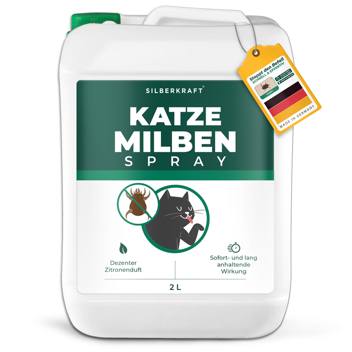 Spray na roztocza Silberkraft w białym pojemniku z zieloną etykietą przedstawiającą kota i roztocza oraz z napisem „spray na roztocza”.